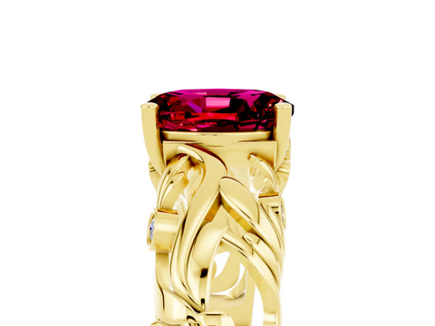 Yellow gold Oval Cut Solitaire Garnet Leaf-Inspired Vine Band Ring with Prong Setting_5