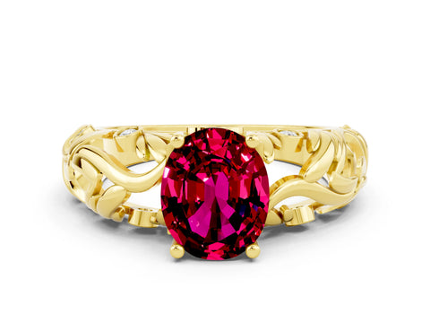 Yellow gold Oval Cut Solitaire Garnet Leaf-Inspired Vine Band Ring with Prong Setting