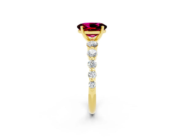 Yellow gold Oval Cut Solitaire Garnet Ring with Pave Band and Four-Prong Setting