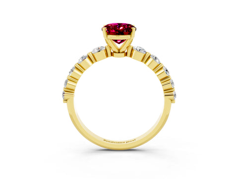 Yellow gold Oval Cut Solitaire Garnet Ring with Pave Band and Four-Prong Setting_3