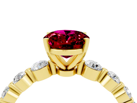 Yellow gold Oval Cut Solitaire Garnet Ring with Pave Band and Four-Prong Setting_4