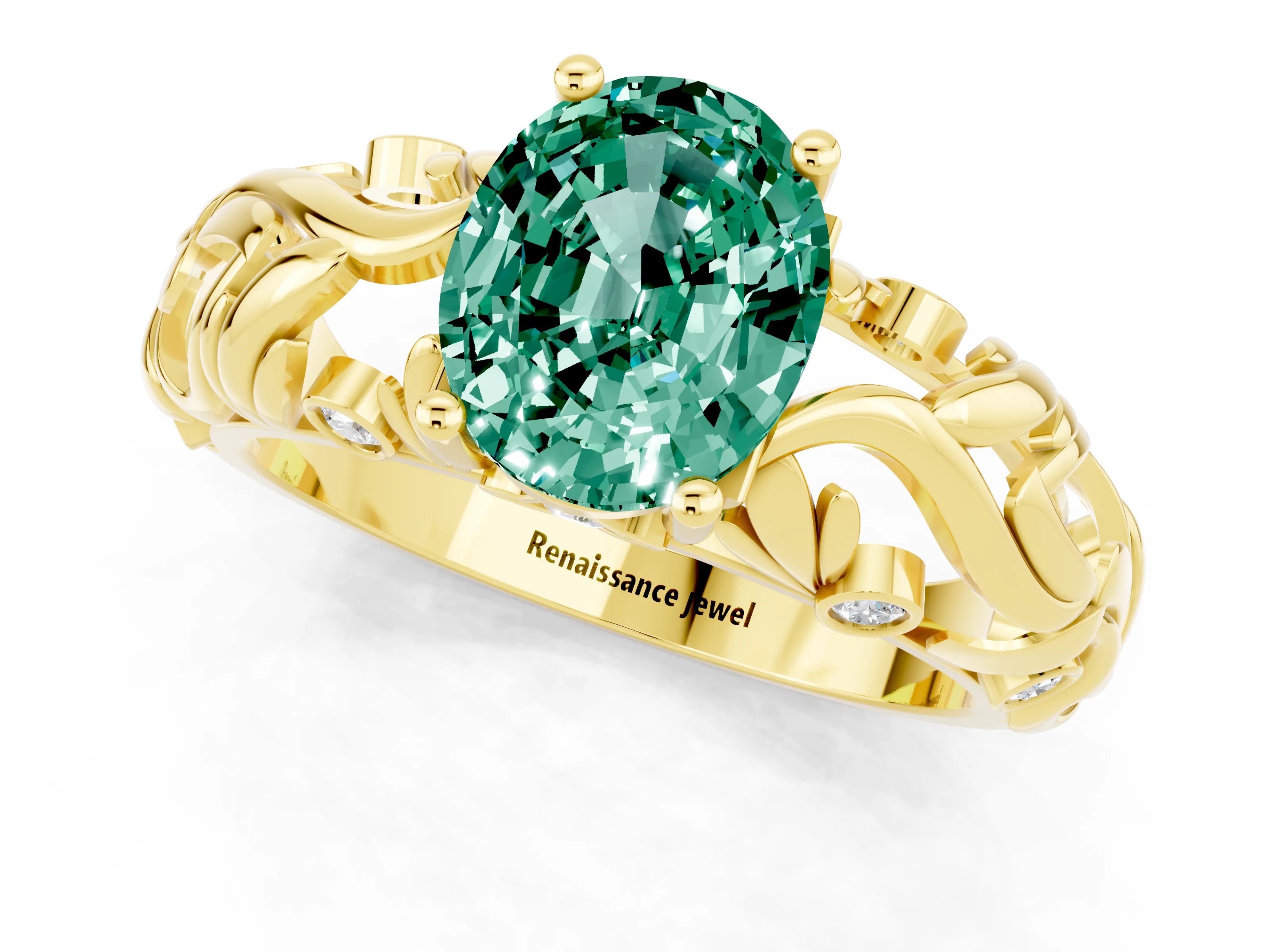 Yellow gold Oval Cut Solitaire Green Sapphire Leaf-Inspired Vine Band Ring with Prong Setting_1