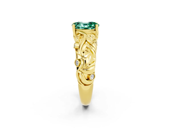 Yellow gold Oval Cut Solitaire Green Sapphire Leaf-Inspired Vine Band Ring with Prong Setting