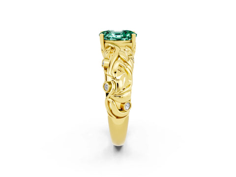 Yellow gold Oval Cut Solitaire Green Sapphire Leaf-Inspired Vine Band Ring with Prong Setting_2