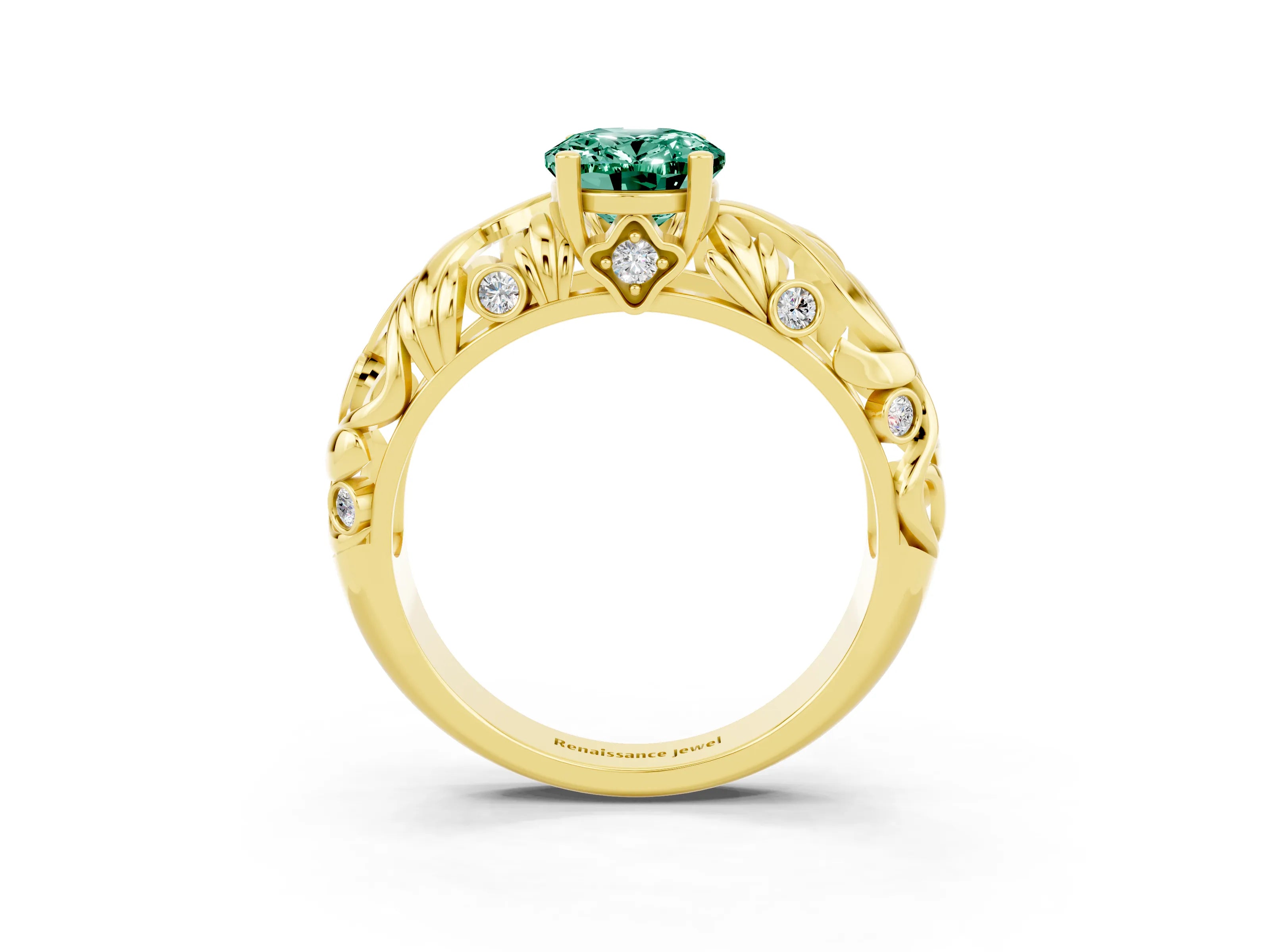 Yellow gold Oval Cut Solitaire Green Sapphire Leaf-Inspired Vine Band Ring with Prong Setting_3