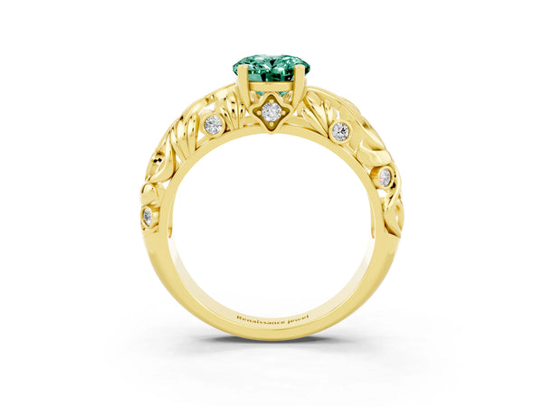 Yellow gold Oval Cut Solitaire Green Sapphire Leaf-Inspired Vine Band Ring with Prong Setting