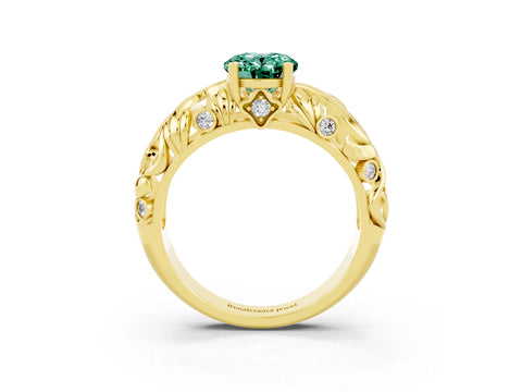 Yellow gold Oval Cut Solitaire Green Sapphire Leaf-Inspired Vine Band Ring with Prong Setting_3