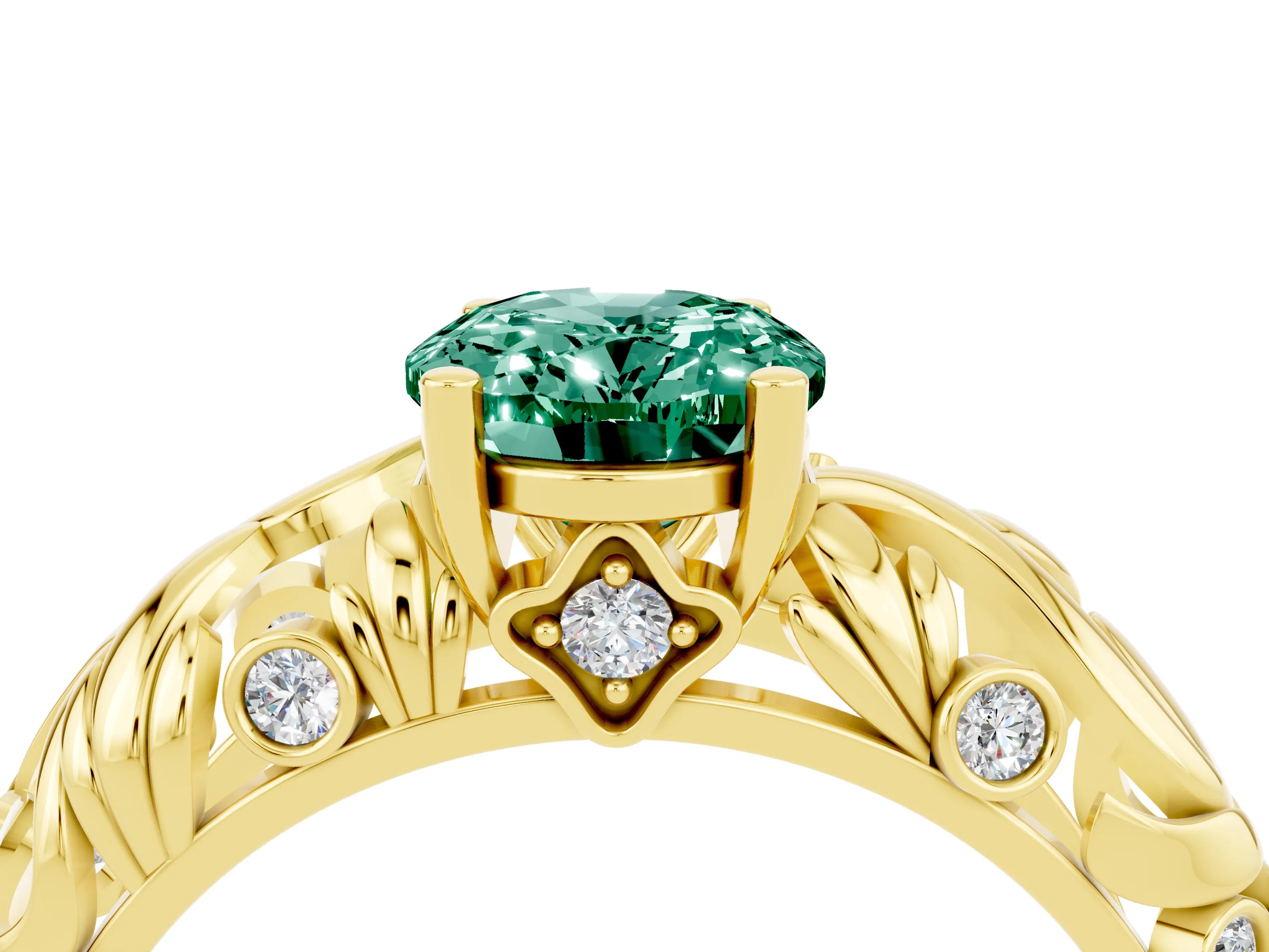 Yellow gold Oval Cut Solitaire Green Sapphire Leaf-Inspired Vine Band Ring with Prong Setting_4