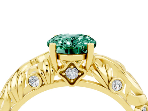 Yellow gold Oval Cut Solitaire Green Sapphire Leaf-Inspired Vine Band Ring with Prong Setting_4