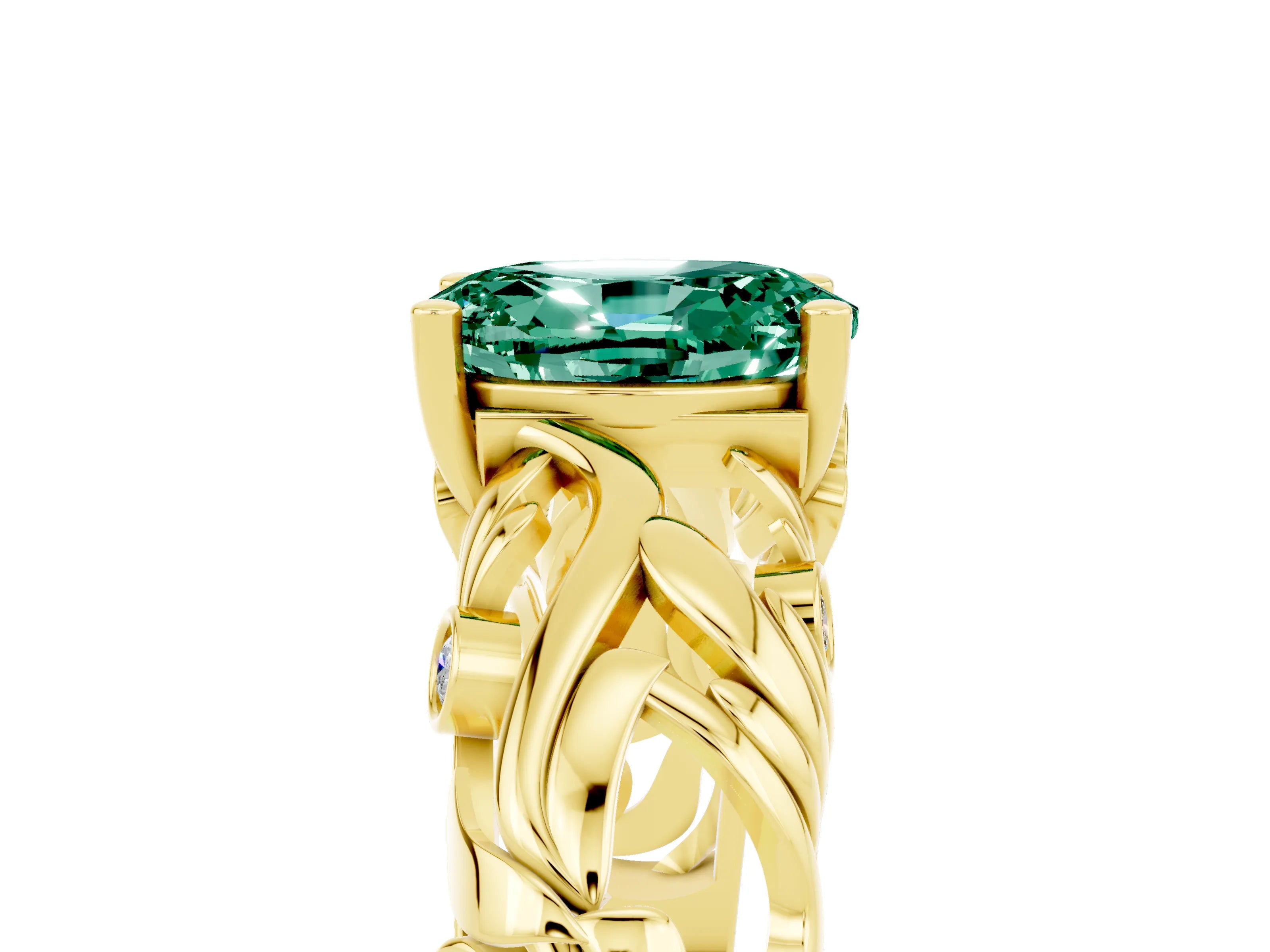 Yellow gold Oval Cut Solitaire Green Sapphire Leaf-Inspired Vine Band Ring with Prong Setting_5