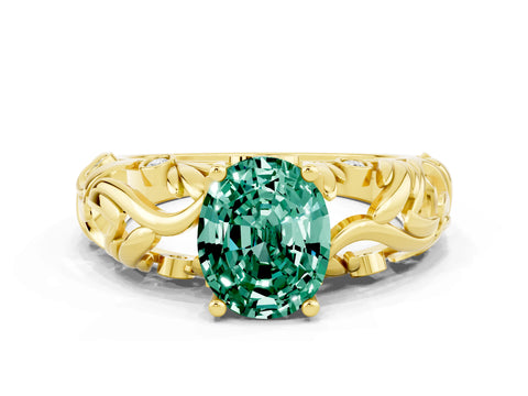 Yellow gold Oval Cut Solitaire Green Sapphire Leaf-Inspired Vine Band Ring with Prong Setting