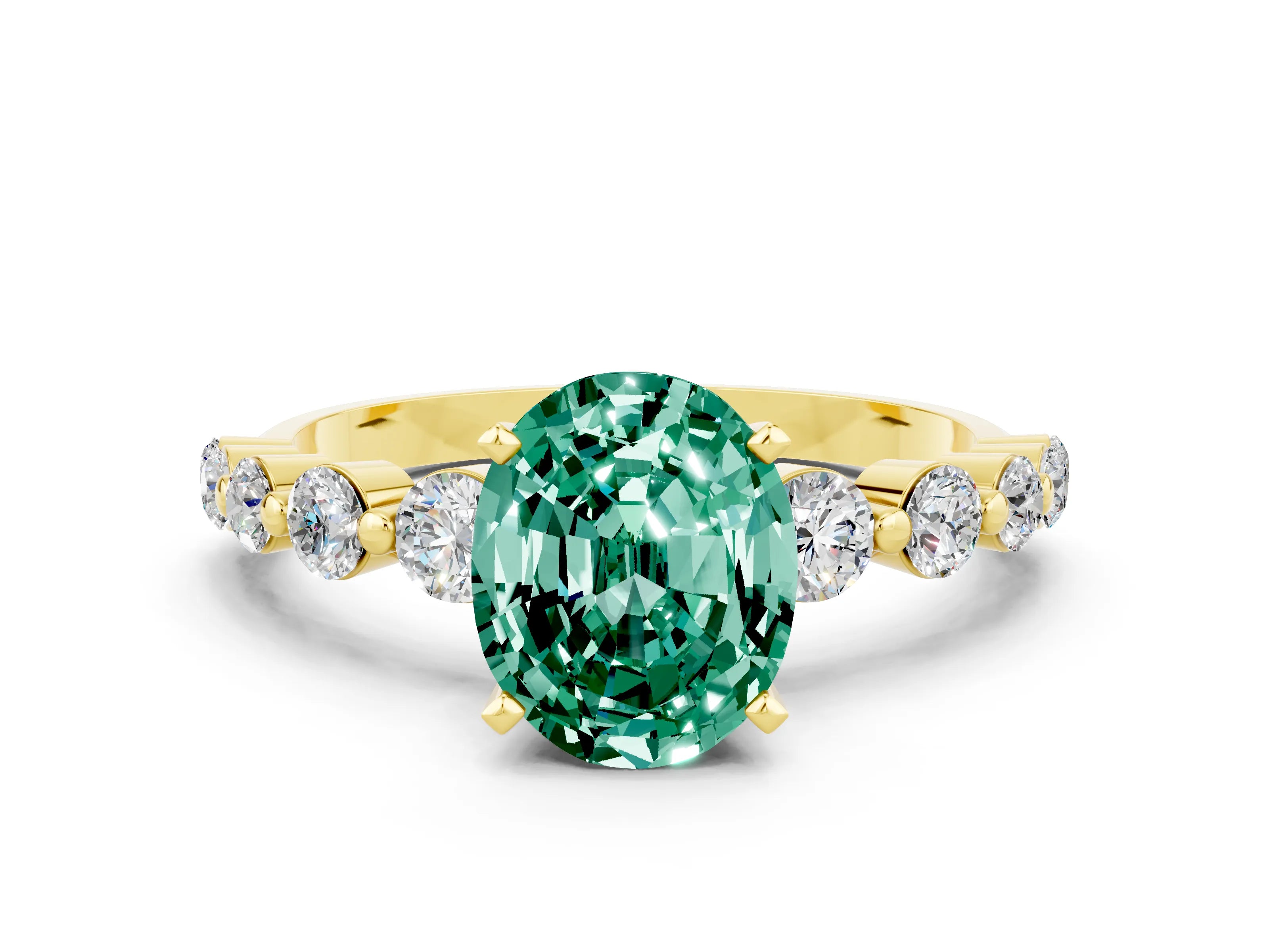 Yellow gold Oval Cut Solitaire Green Sapphire Ring with Pave Band and Four-Prong Setting