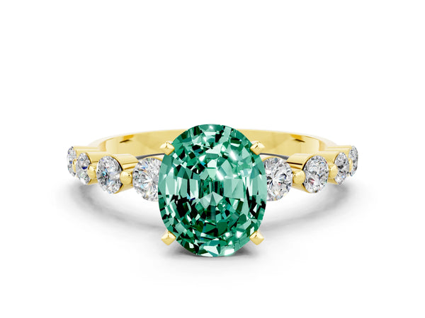 Yellow gold Oval Cut Solitaire Green Sapphire Ring with Pave Band and Four-Prong Setting