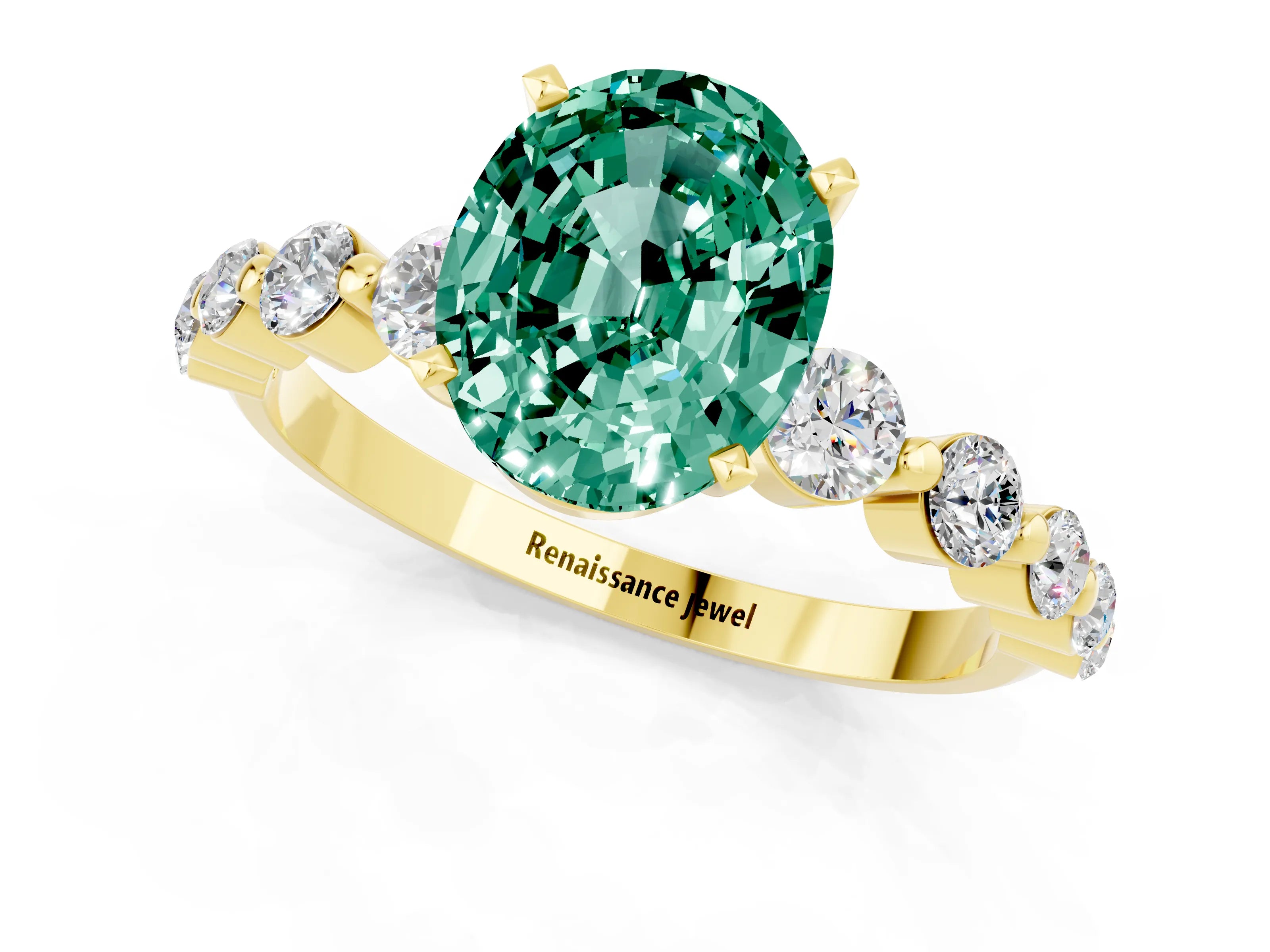 Yellow gold Oval Cut Solitaire Green Sapphire Ring with Pave Band and Four-Prong Setting_1