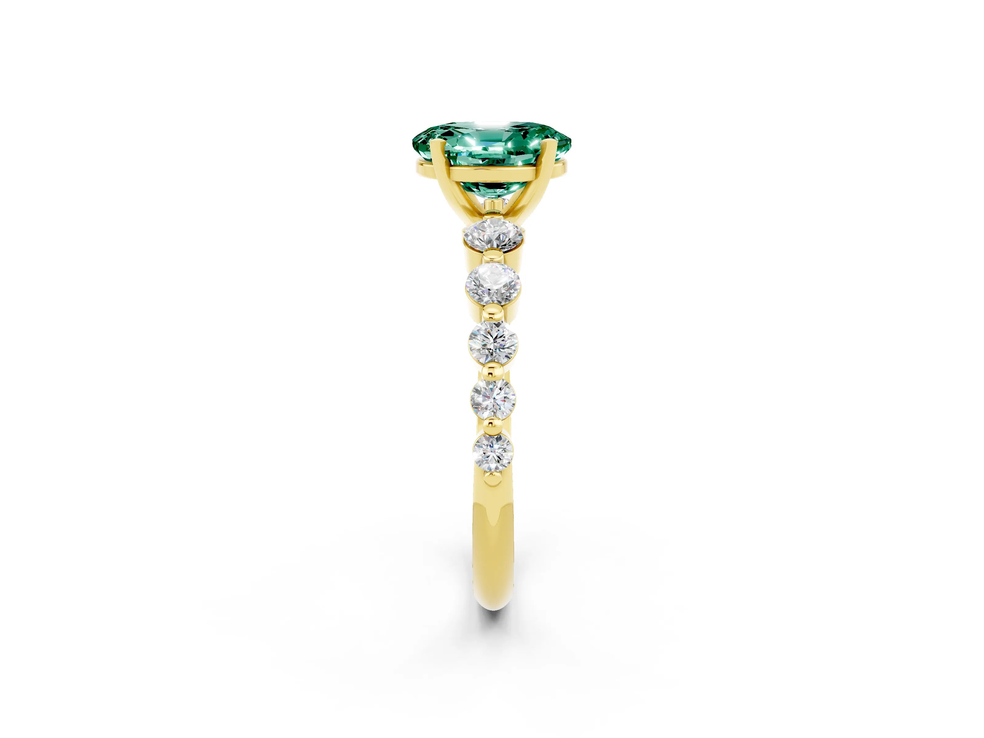 Yellow gold Oval Cut Solitaire Green Sapphire Ring with Pave Band and Four-Prong Setting_2