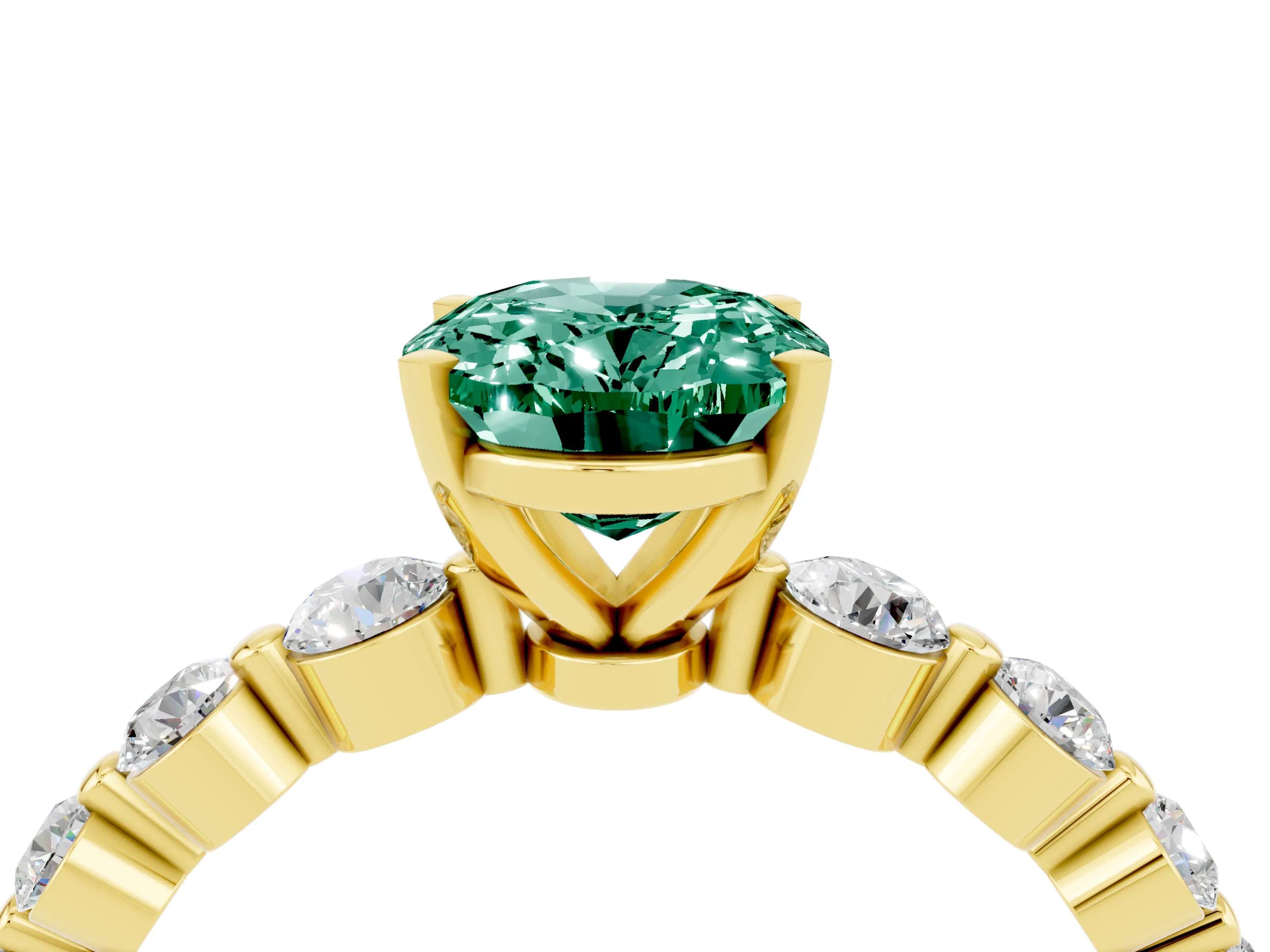 Yellow gold Oval Cut Solitaire Green Sapphire Ring with Pave Band and Four-Prong Setting_4