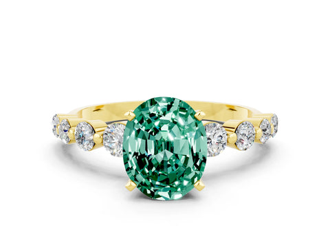 Yellow gold Oval Cut Solitaire Green Sapphire Ring with Pave Band and Four-Prong Setting