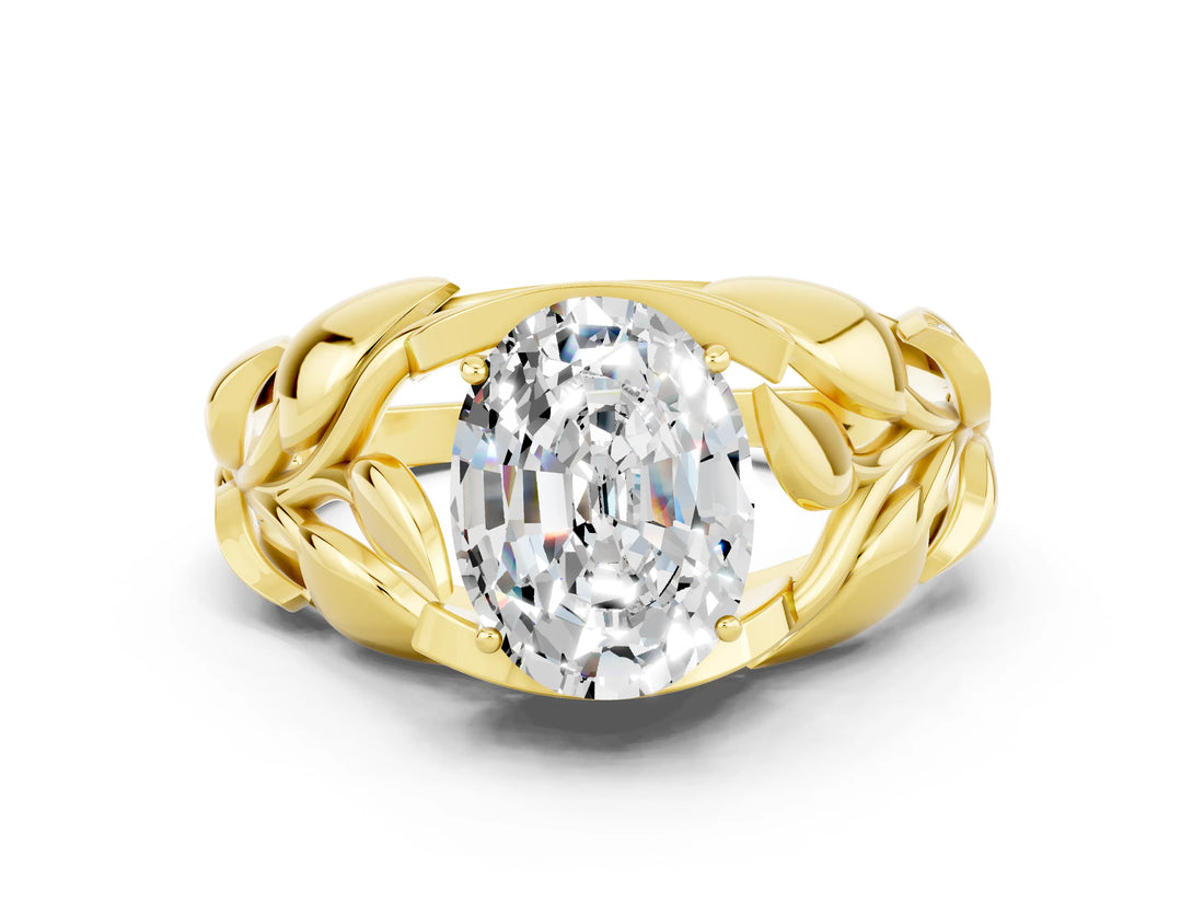 Yellow gold Oval Cut Solitaire Leaf-Inspired Engagement Ring with Prong Setting