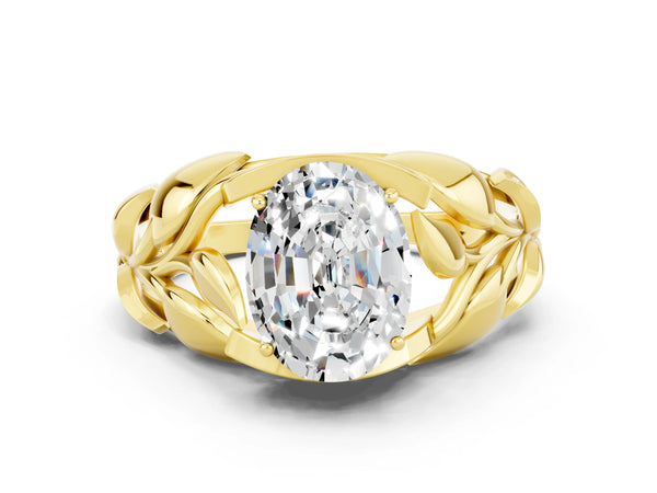 Yellow gold Oval Cut Moissanite Leaf-Inspired Engagement Ring with Round Accents and Prong Setting