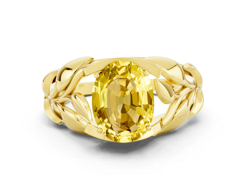Yellow gold Oval Cut Solitaire Leaf-Inspired Engagement Ring with Prong Setting