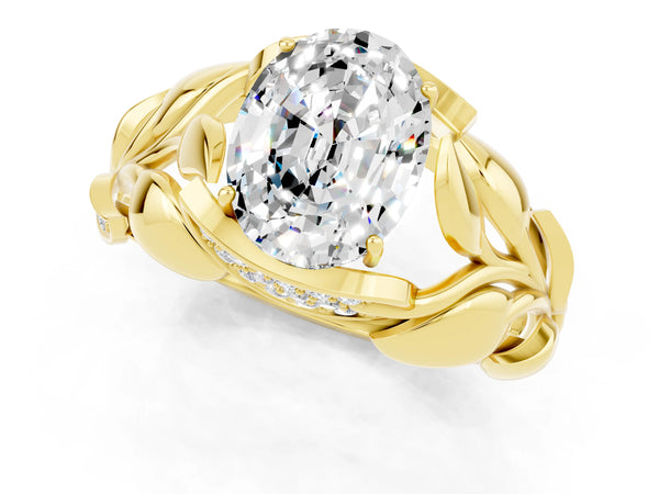Yellow gold Oval Cut Moissanite Leaf-Inspired Engagement Ring with Round Accents and Prong Setting
