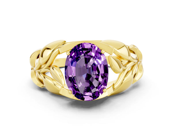 Yellow gold Oval Cut Amethyst Leaf-Inspired Engagement Ring with Round Accents and Prong Setting