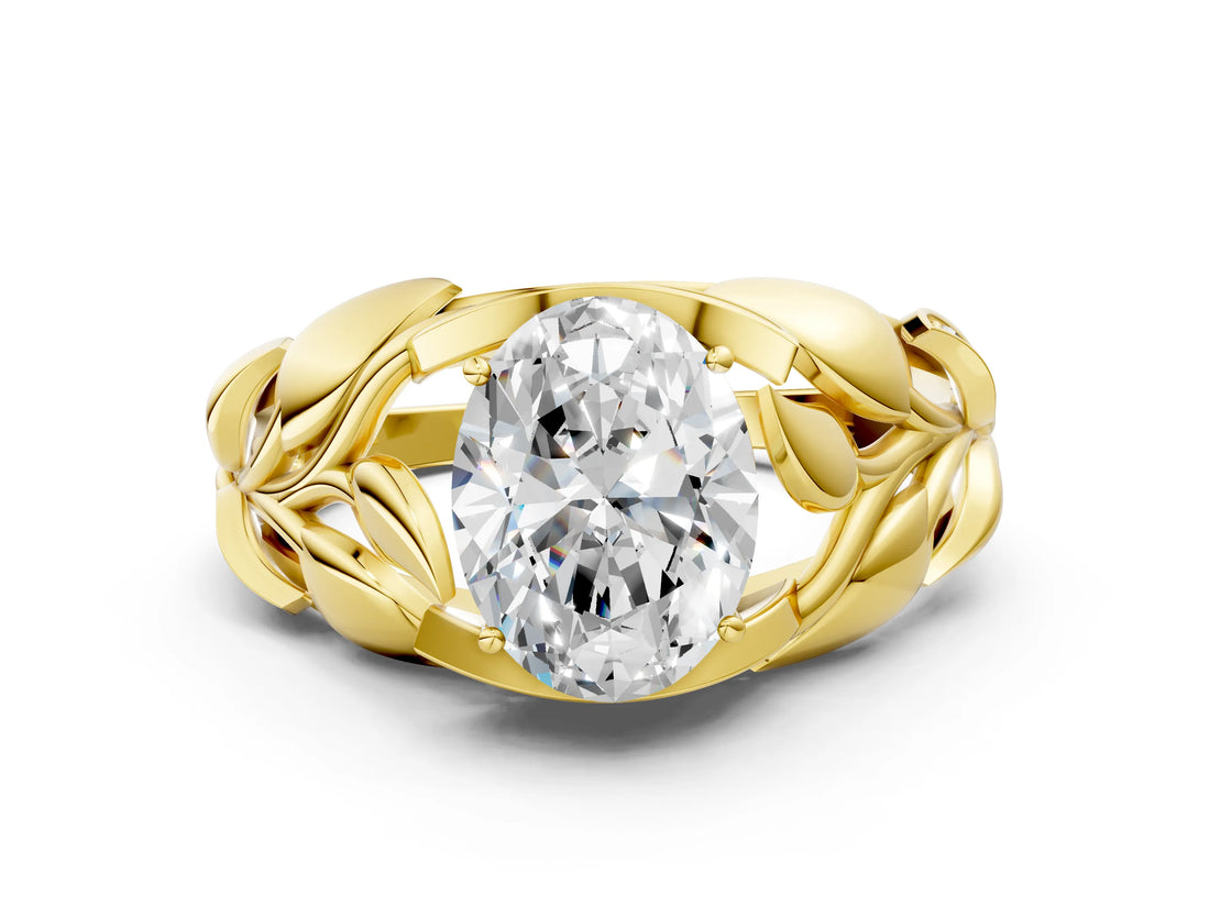 Yellow gold Oval Cut Solitaire Leaf-Inspired Engagement Ring with Prong Setting_15