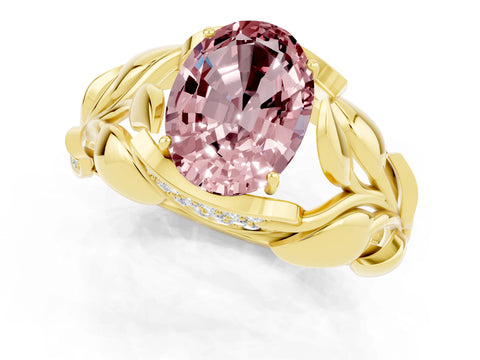 Yellow gold Oval Cut Solitaire Leaf-Inspired Engagement Ring with Prong Setting_1
