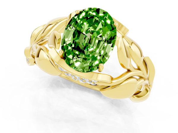 Yellow gold Oval Cut Solitaire Leaf-Inspired Engagement Ring with Prong Setting