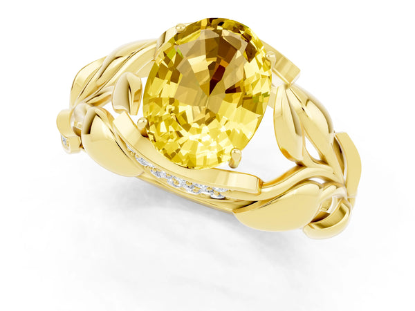 Yellow gold Oval Cut Yellow Sapphire Leaf-Inspired Engagement Ring with Round Accents and Prong Setting