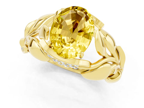 Yellow gold Oval Cut Solitaire Leaf-Inspired Engagement Ring with Prong Setting_1