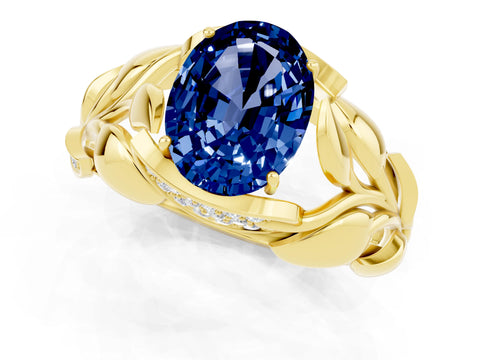 Yellow gold Oval Cut Solitaire Leaf-Inspired Engagement Ring with Prong Setting_1