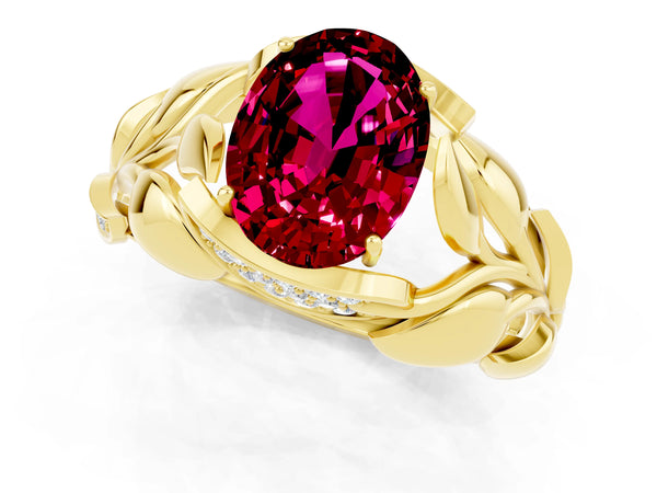 Yellow gold Oval Cut Garnet Leaf-Inspired Engagement Ring with Round Accents and Prong Setting