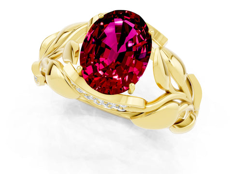 Yellow gold Oval Cut Solitaire Leaf-Inspired Engagement Ring with Prong Setting_1