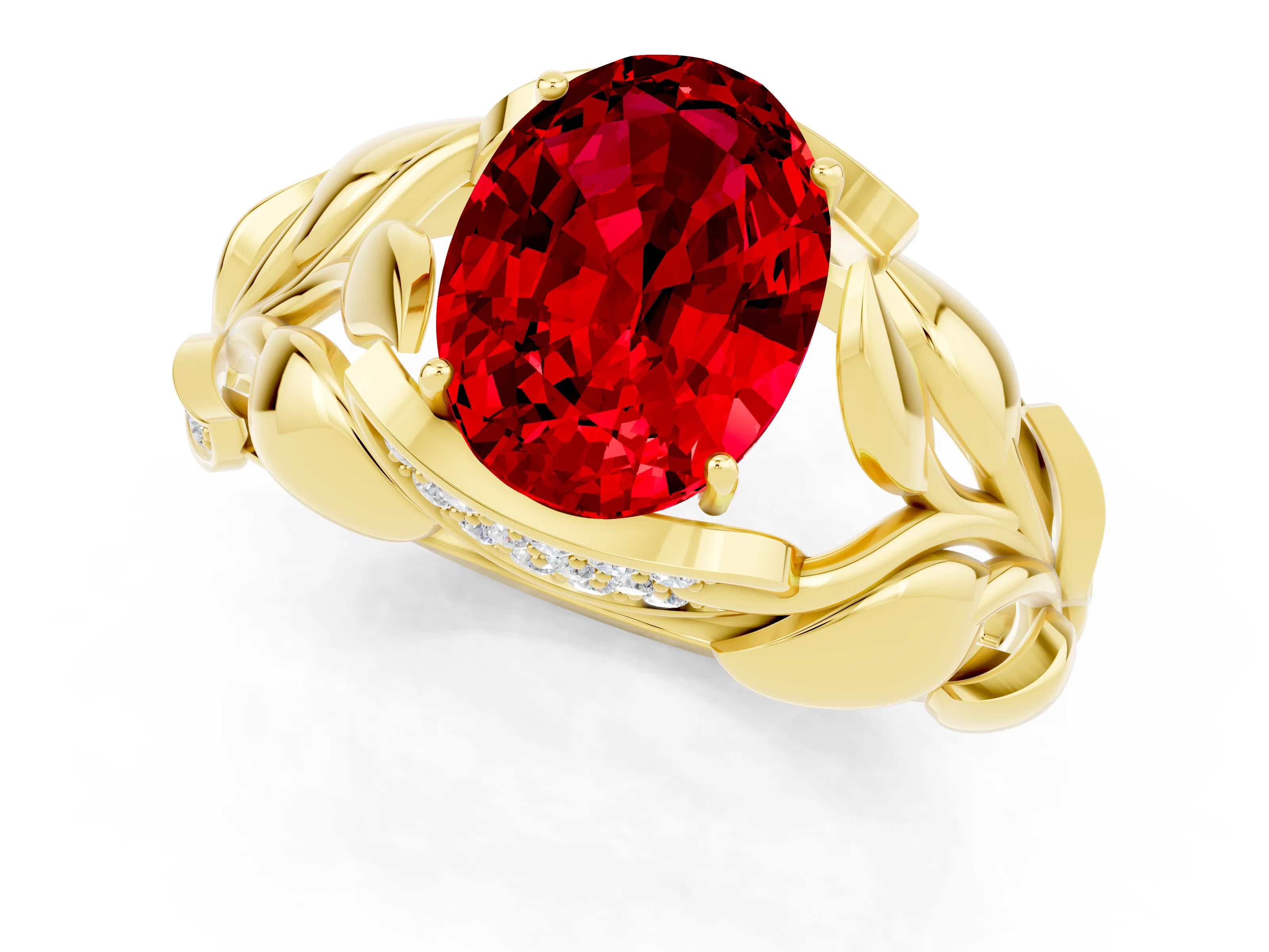 Yellow gold Oval Cut Solitaire Leaf-Inspired Engagement Ring with Prong Setting_1