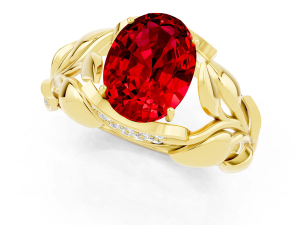 Yellow gold Oval Cut Ruby Leaf-Inspired Engagement Ring with Round Accents and Prong Setting