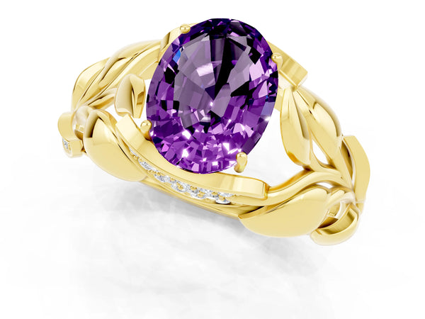 Yellow gold Oval Cut Amethyst Leaf-Inspired Engagement Ring with Round Accents and Prong Setting