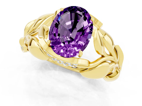 Yellow gold Oval Cut Solitaire Leaf-Inspired Engagement Ring with Prong Setting_1