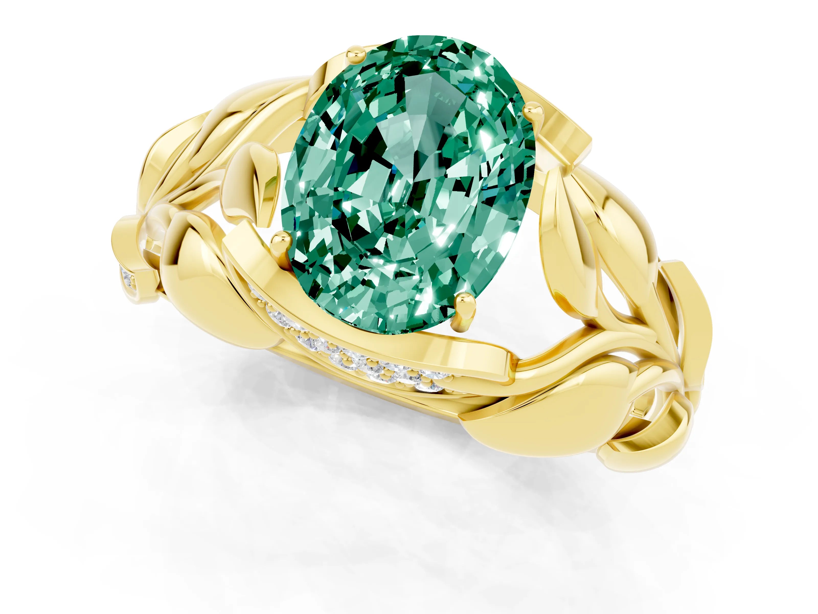 Yellow gold Oval Cut Solitaire Leaf-Inspired Engagement Ring with Prong Setting_1