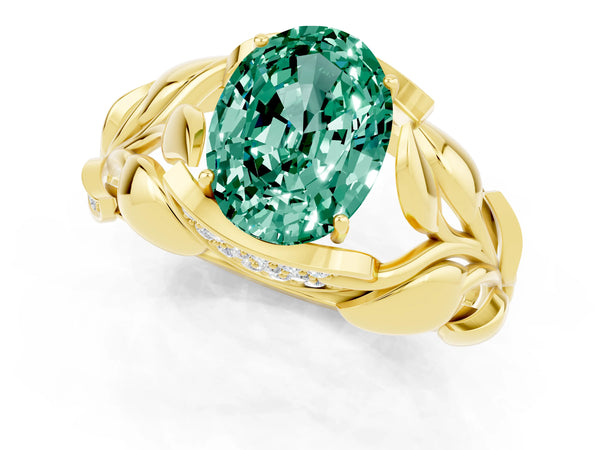 Yellow gold Oval Cut Green Sapphire Leaf-Inspired Engagement Ring with Round Accents and Prong Setting
