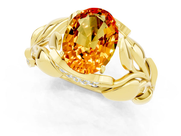 Yellow gold Oval Cut Citrine Leaf-Inspired Engagement Ring with Round Accents and Prong Setting