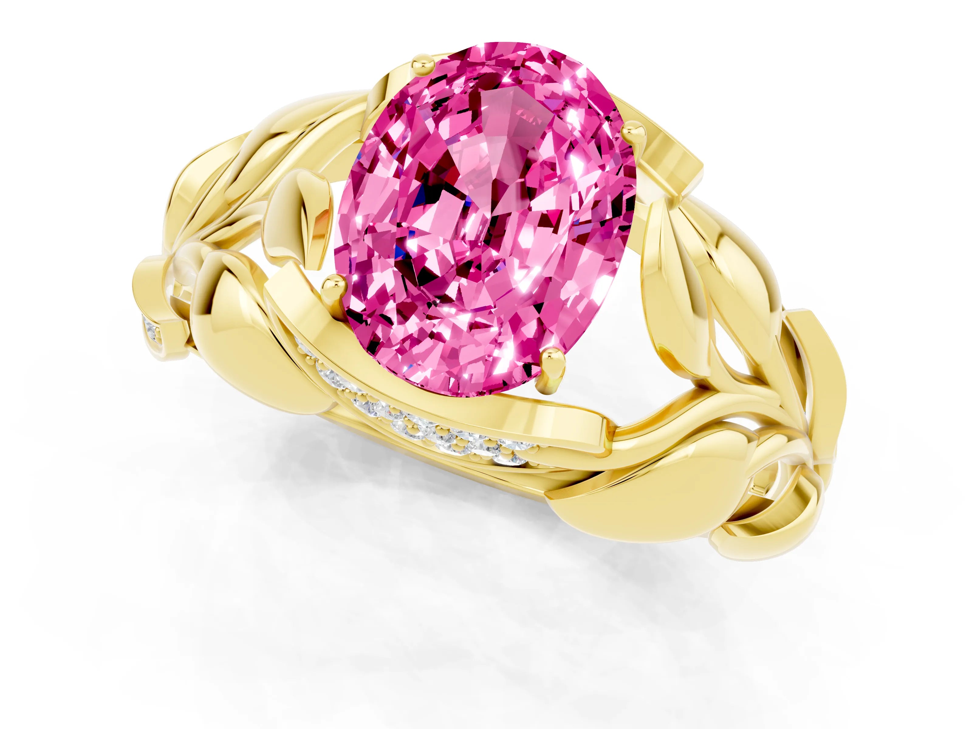 Yellow gold Oval Cut Solitaire Leaf-Inspired Engagement Ring with Prong Setting_1