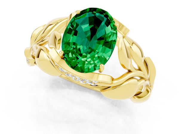 Yellow gold Oval Cut Emerald Leaf-Inspired Engagement Ring with Round Accents and Prong Setting