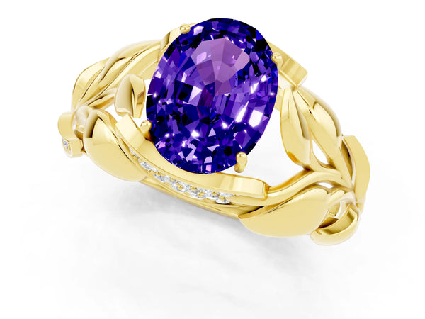 Yellow gold Oval Cut Tanzanite Leaf-Inspired Engagement Ring with Round Accents and Prong Setting