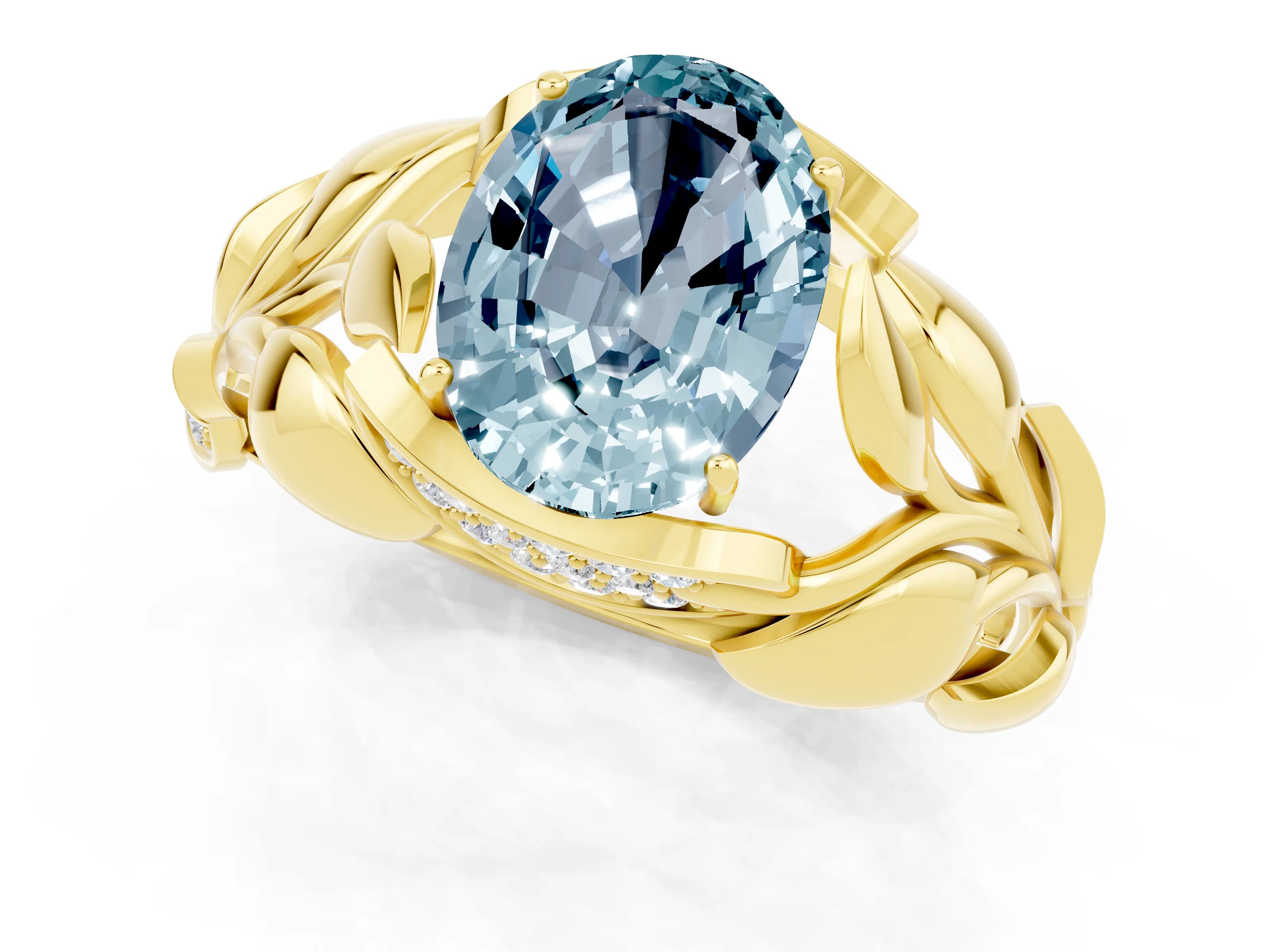 Yellow gold Oval Cut Solitaire Leaf-Inspired Engagement Ring with Prong Setting_1