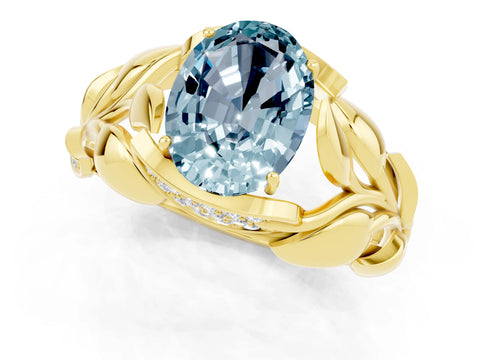 Yellow gold Oval Cut Solitaire Leaf-Inspired Engagement Ring with Prong Setting_1