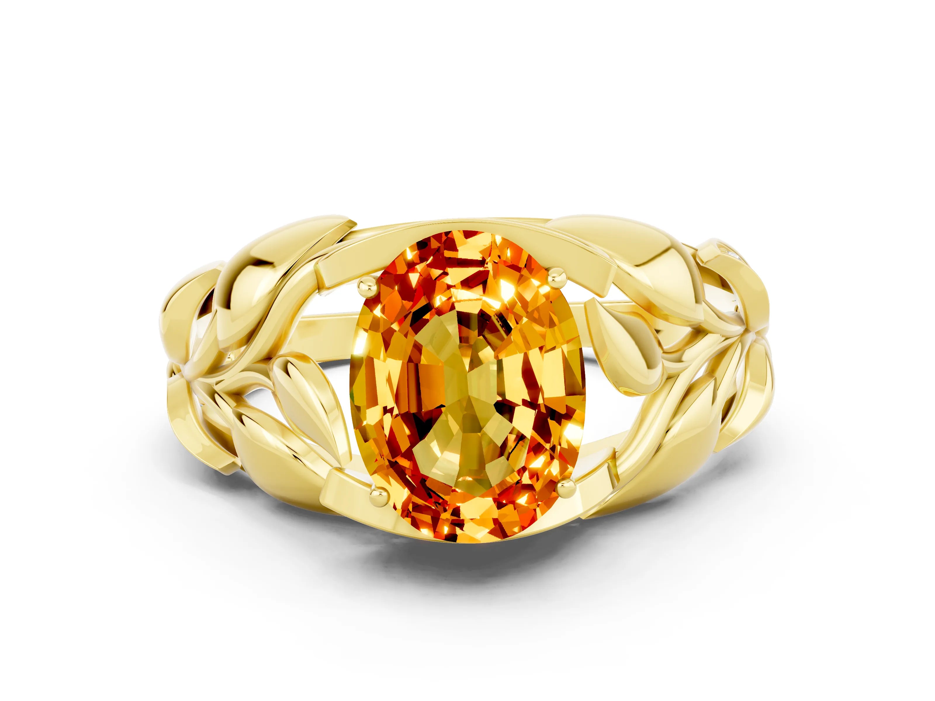 Yellow gold Oval Cut Solitaire Leaf-Inspired Engagement Ring with Prong Setting