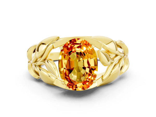 Yellow gold Oval Cut Citrine Leaf-Inspired Engagement Ring with Round Accents and Prong Setting