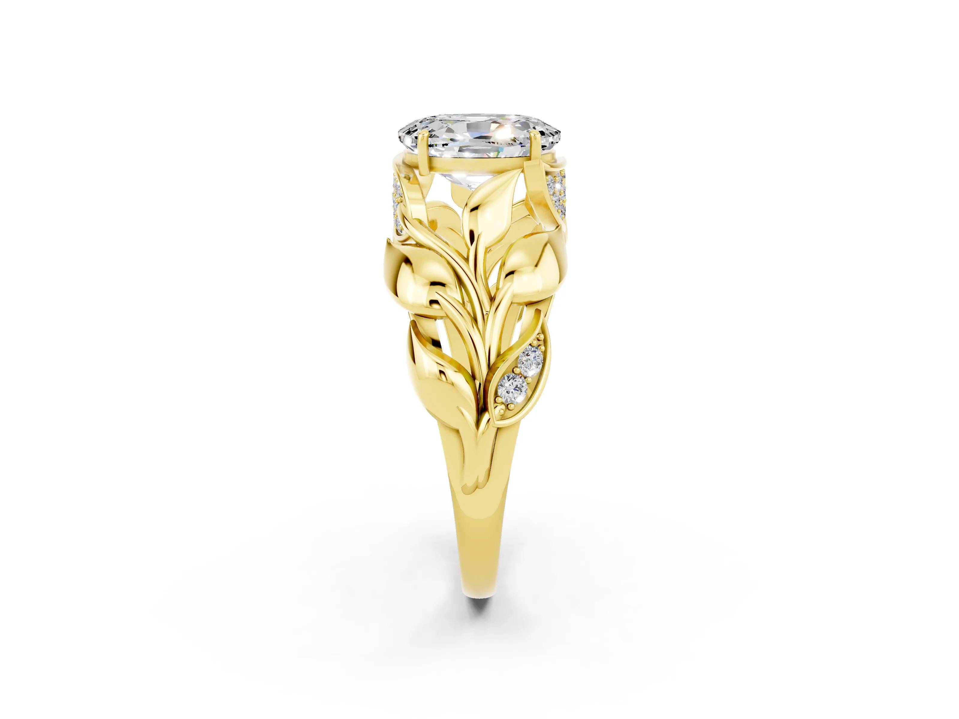 Yellow gold Oval Cut Solitaire Leaf-Inspired Engagement Ring with Prong Setting_2