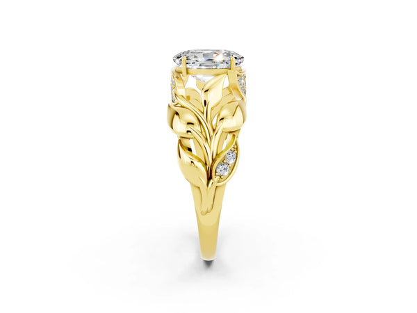 Yellow gold Oval Cut Moissanite Leaf-Inspired Engagement Ring with Round Accents and Prong Setting